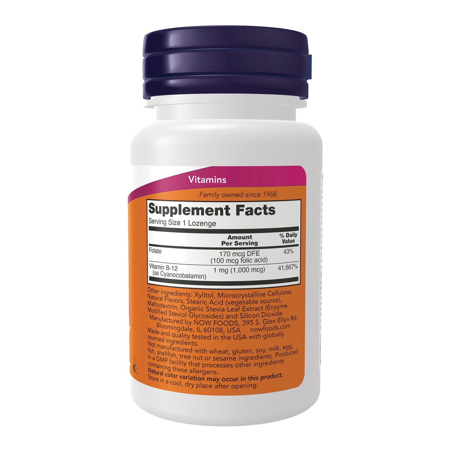 NWF023 | Back of white supplement bottle with purple cap showing Supplement Facts panel and ingredients label