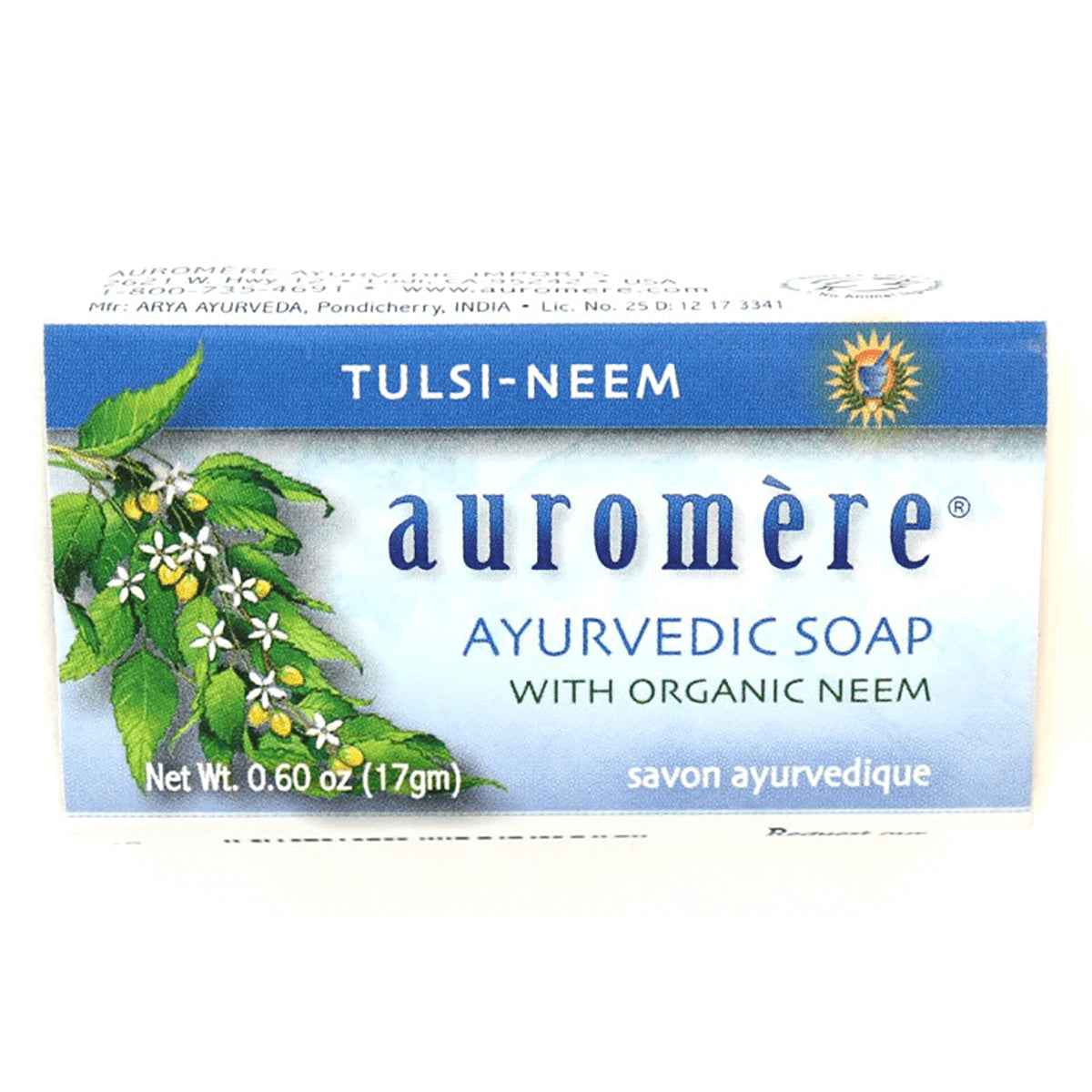 AUR027 | Auromre Ayurvedic soap Tulsi-Neem bar packaging showing brand name and net wt 0.60 oz (17 g)