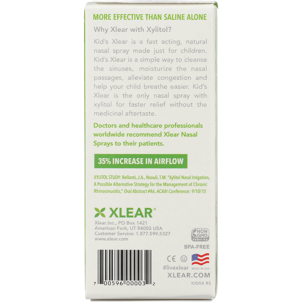 XL012 | Xlear Kids nasal spray box back with text: More effective than saline; 35% increase in airflow; Non-GMO, BPA-free - Thumbnail