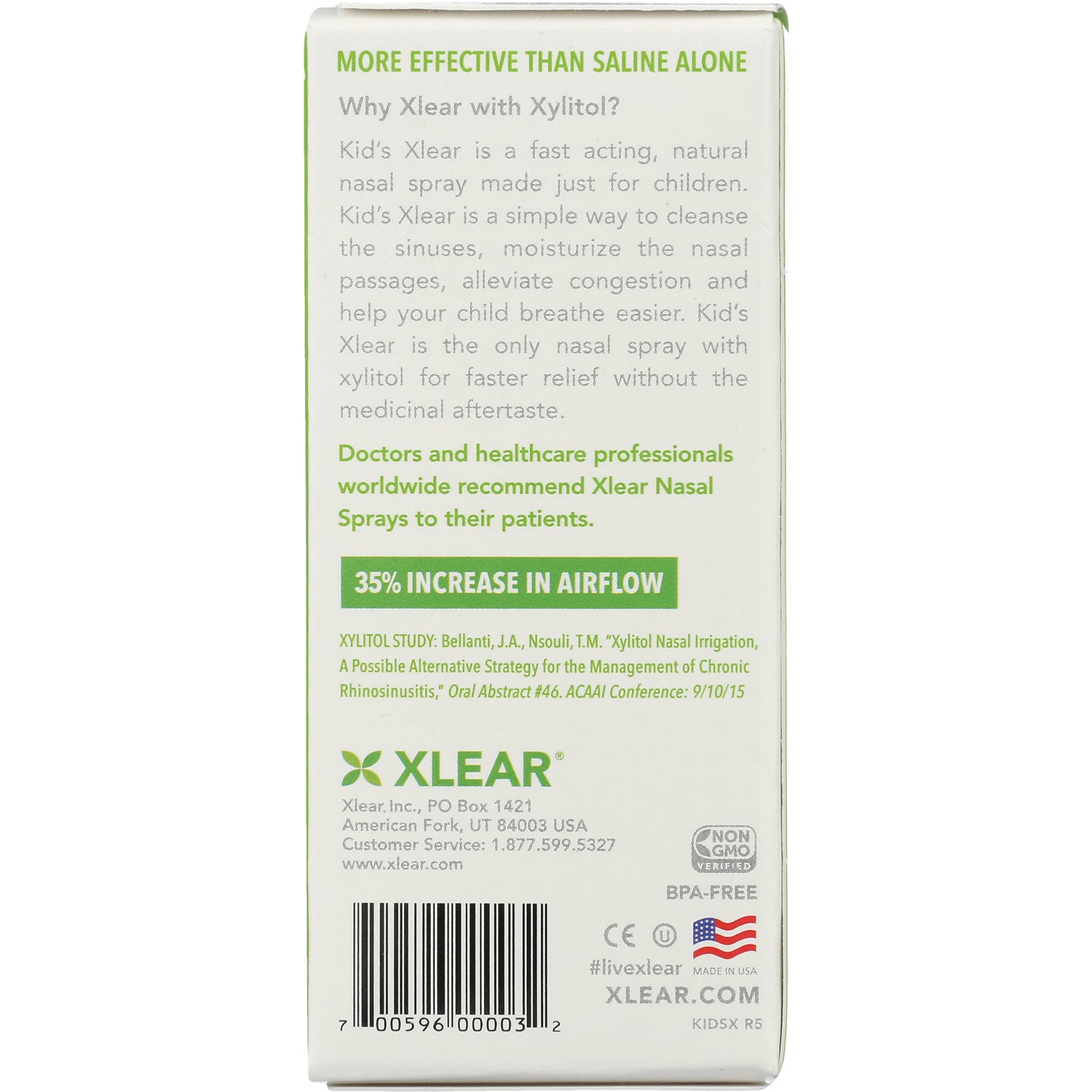 XL012 | Xlear Kids nasal spray box back with text: More effective than saline; 35% increase in airflow; Non-GMO, BPA-free