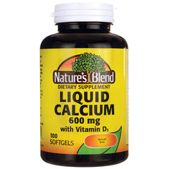 NAB032 | Nature's Blend Liquid Calcium 600 mg with Vitamin D3 softgel bottle, yellow label, 100 softgels