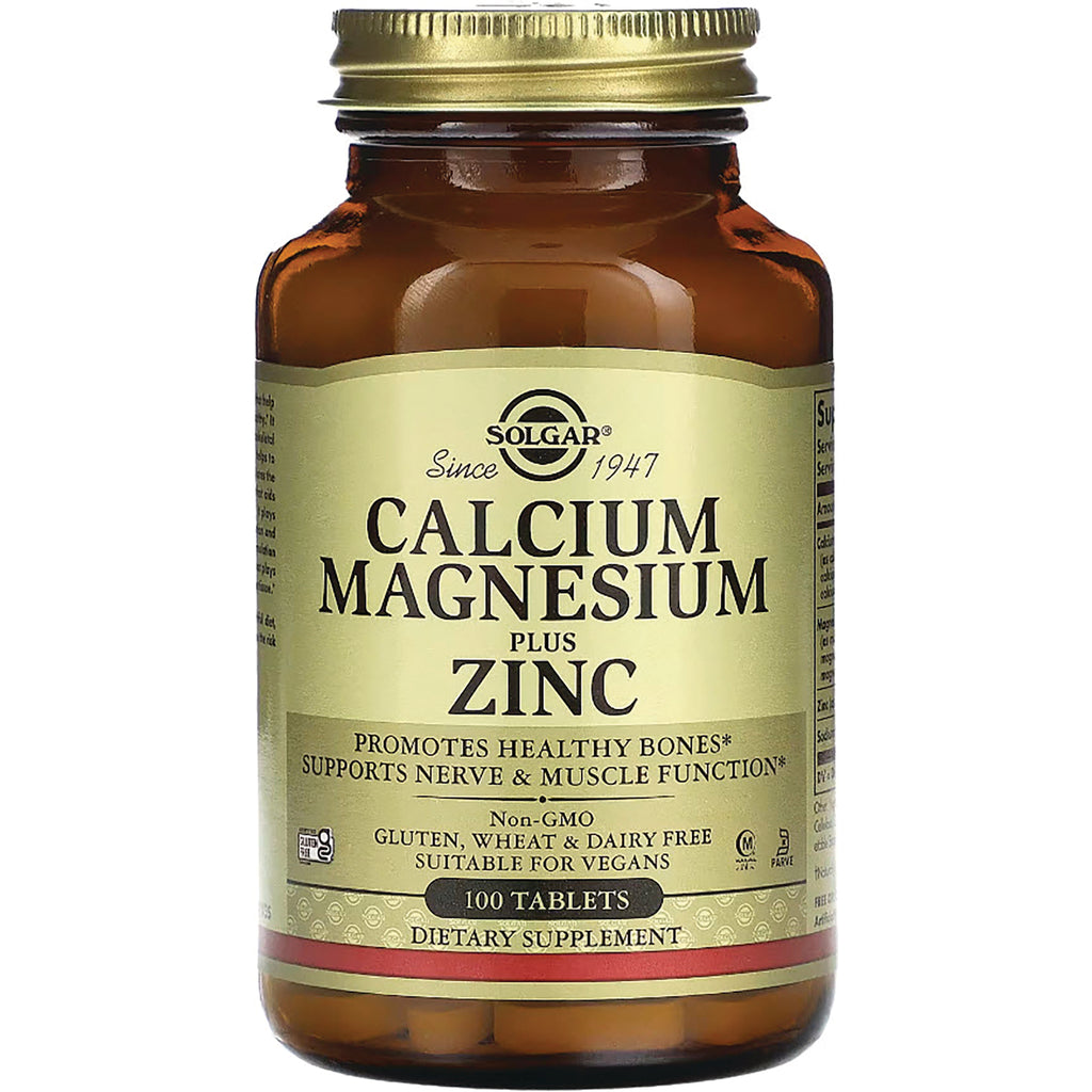 SLG265 | Solgar Calcium Magnesium plus Zinc dietary supplement bottle, amber glass with gold label, 100 tablets - Thumbnail