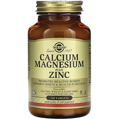 SLG265 | Solgar Calcium Magnesium plus Zinc dietary supplement bottle, amber glass with gold label, 100 tablets