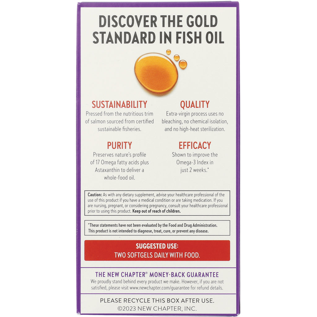 NWC209 | Back of fish oil supplement box showing sustainability, quality, purity, efficacy and suggested use: two softgels daily with food - Thumbnail