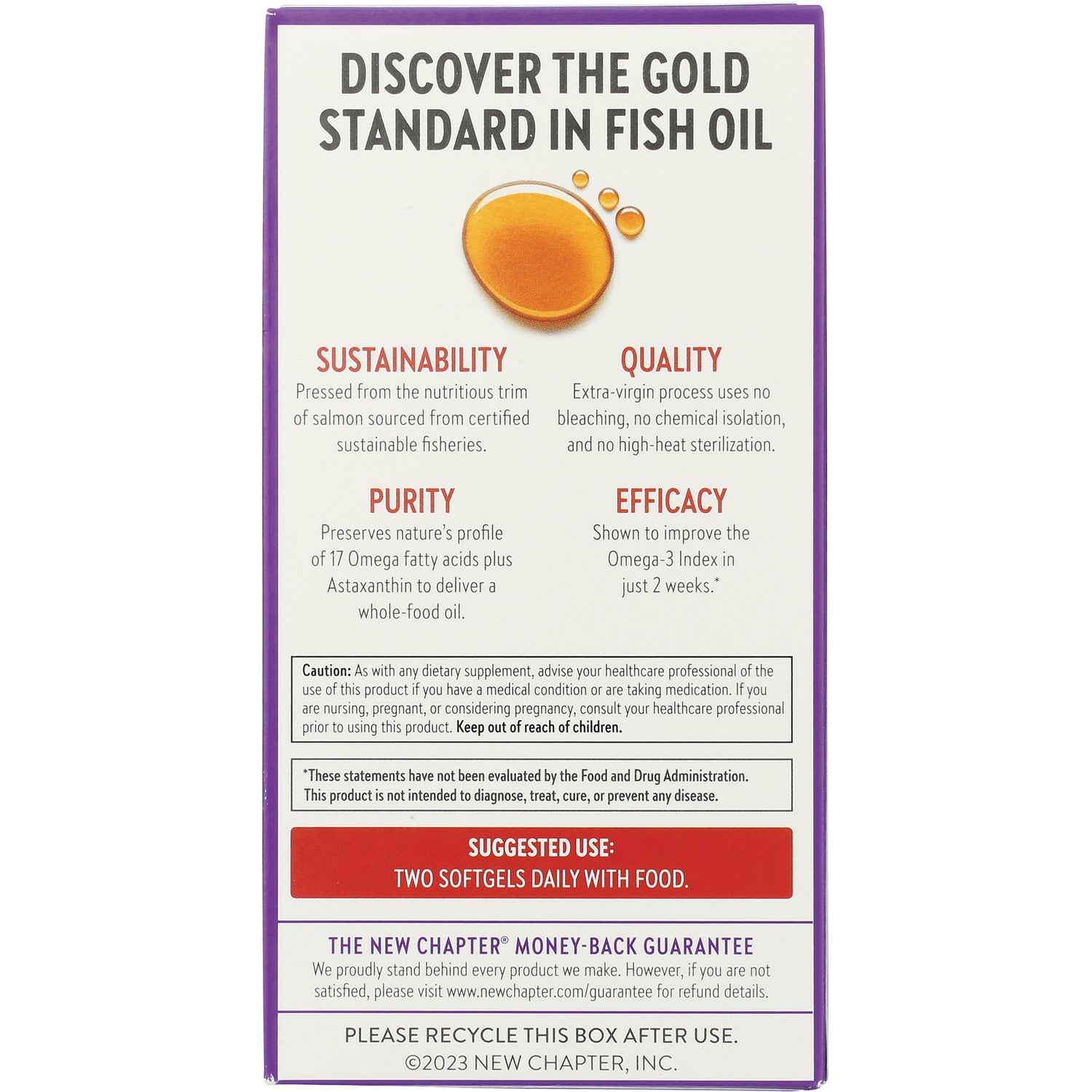 NWC209 | Back of fish oil supplement box showing sustainability, quality, purity, efficacy and suggested use: two softgels daily with food