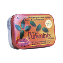 MLZ002 | tin of Meltzer's Ginger Puremints pastilles with green leaves on orange label