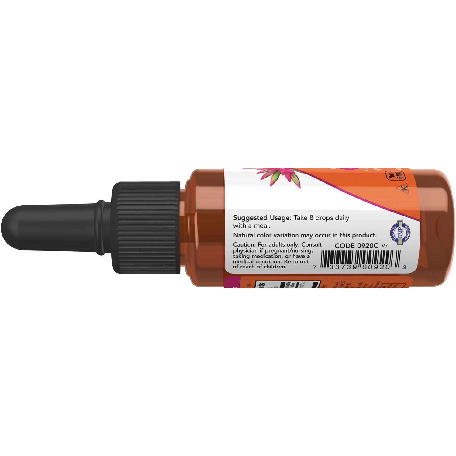 NWF882 | Amber dropper bottle back label showing suggested usage, caution text, and barcode