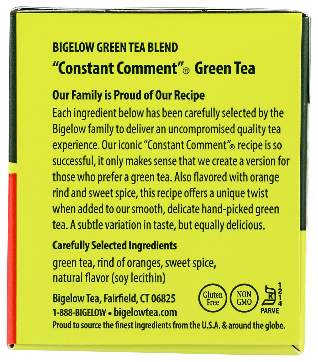 BGT011 | Back panel of Constant Comment green tea box showing product description, ingredients list and certification icons - Thumbnail