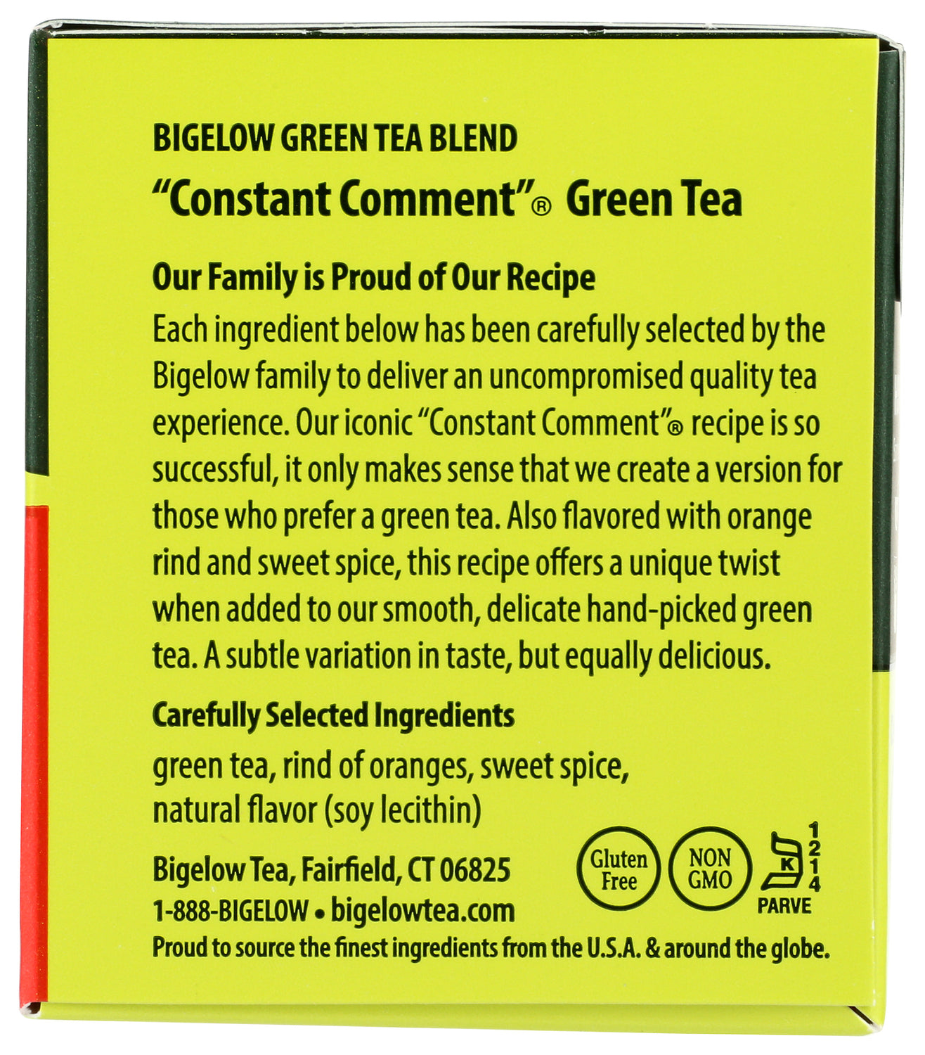 BGT011 | Back panel of Constant Comment green tea box showing product description, ingredients list and certification icons
