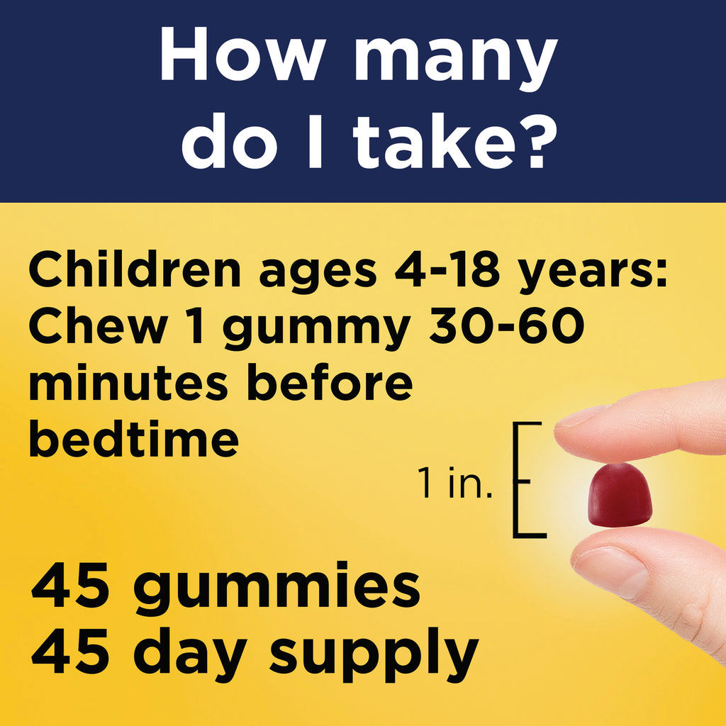 NTM165 | Children ages 4-18: Chew 1 gummy 30-60 minutes before bedtime, finger holding 1 in gummy, 45 gummies 45 day supply - Thumbnail
