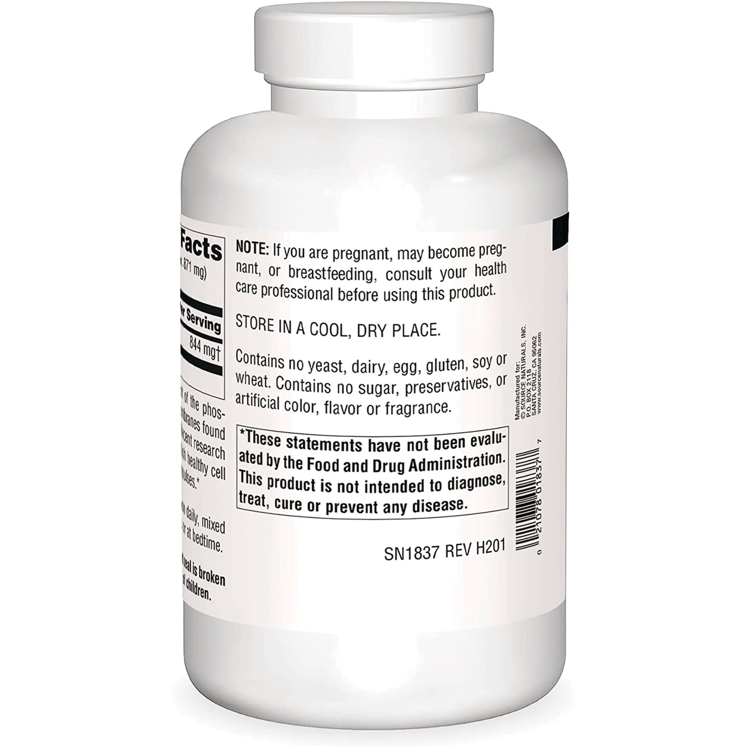 SN799 | Supplement bottle back label with warnings, storage directions, allergen-free claims, and FDA disclaimer