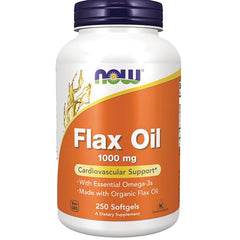 NWF884 | NOW Flax Oil 1000 mg bottle with orange label showing 250 softgels and cardiovascular support