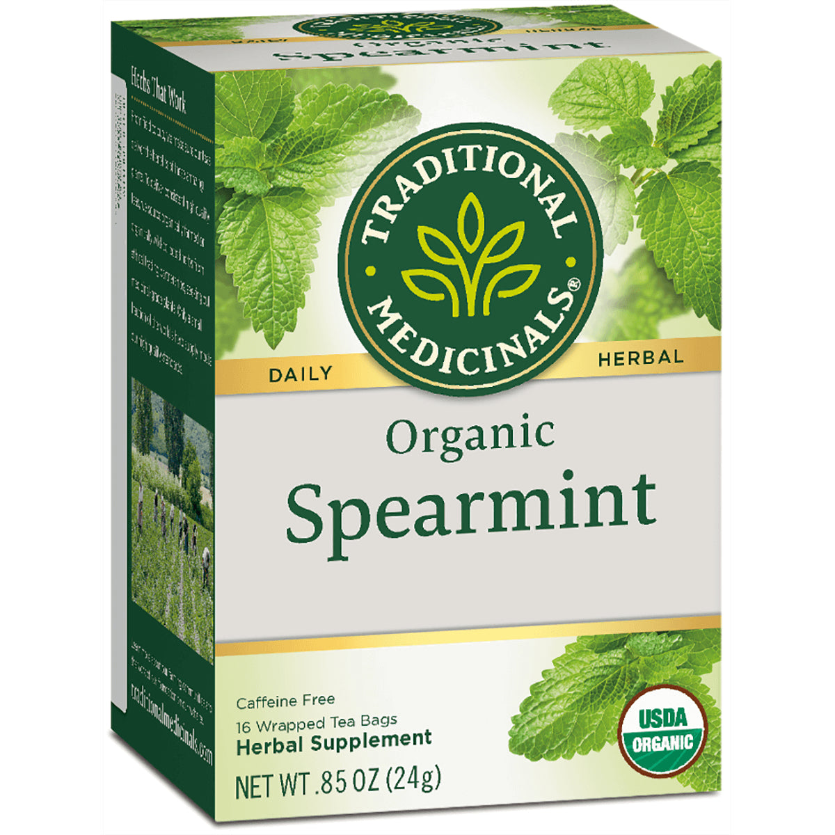 TMD026 | Traditional Medicinals Organic Spearmint tea box front, caffeine free, 16 wrapped tea bags, USDA Organic