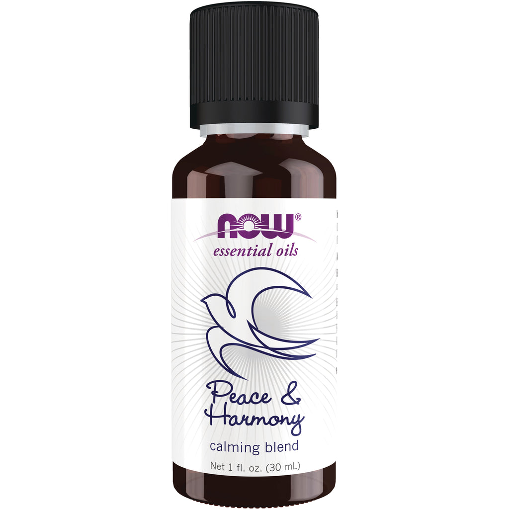 NWF1229 | NOW essential oils Peace & Harmony calming blend 1 fl oz amber bottle with white label and dove logo - Thumbnail