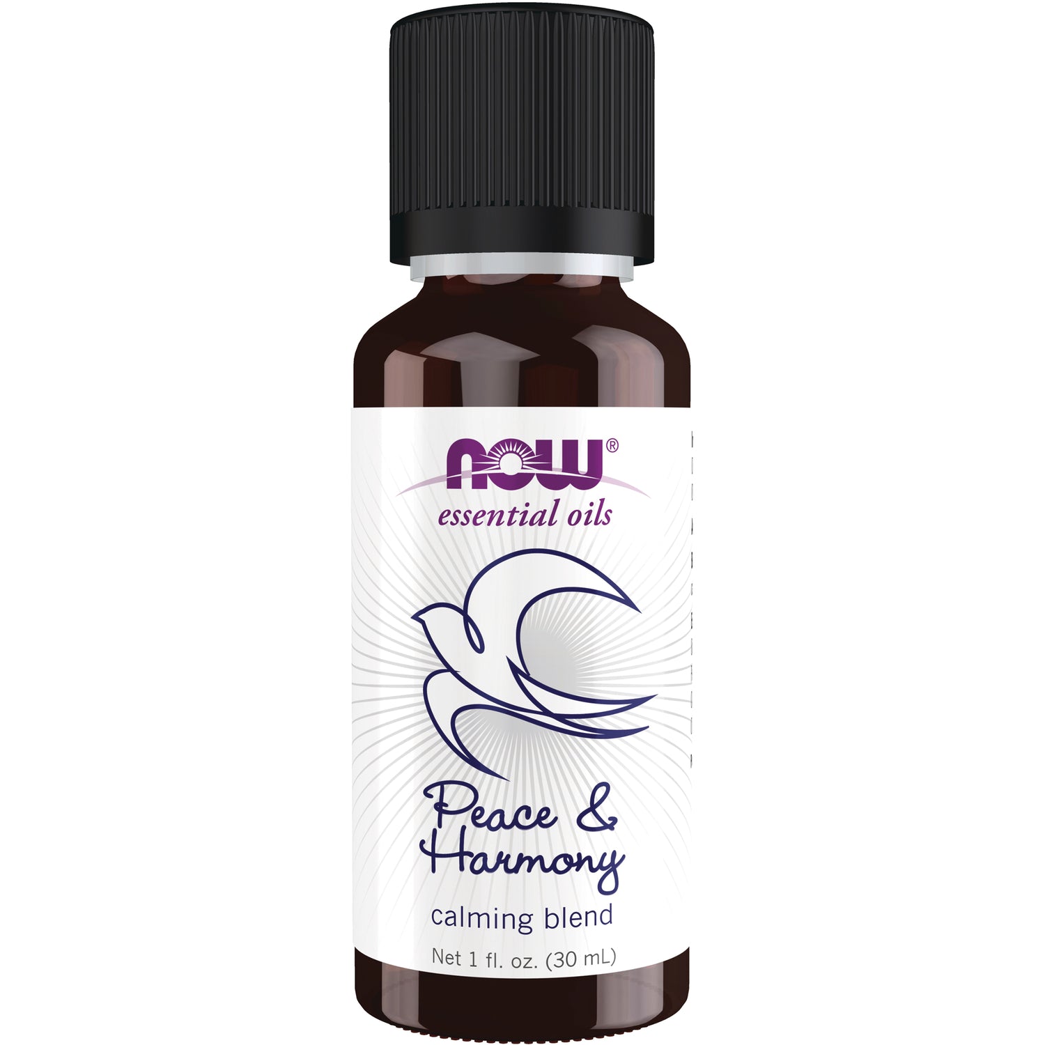 NWF1229 | NOW essential oils Peace & Harmony calming blend 1 fl oz amber bottle with white label and dove logo