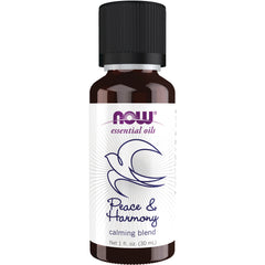 NWF1229 | NOW essential oils Peace & Harmony calming blend 1 fl oz amber bottle with white label and dove logo