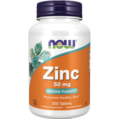 NWF786 | NOW Zinc 50 mg bottle with orange label reading Zinc 50 mg, Immune Support, 250 Tablets