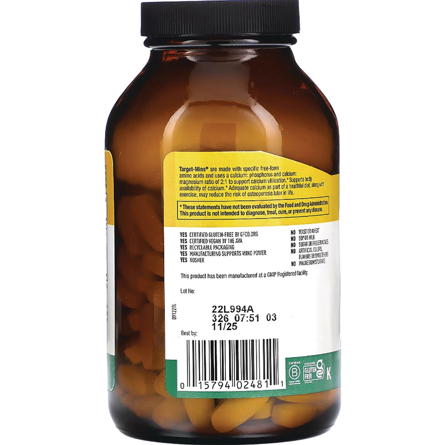 CRL016 | Back of amber supplement bottle showing lot number 22L994A, barcode, ingredients panel and yellow label with tablets visible