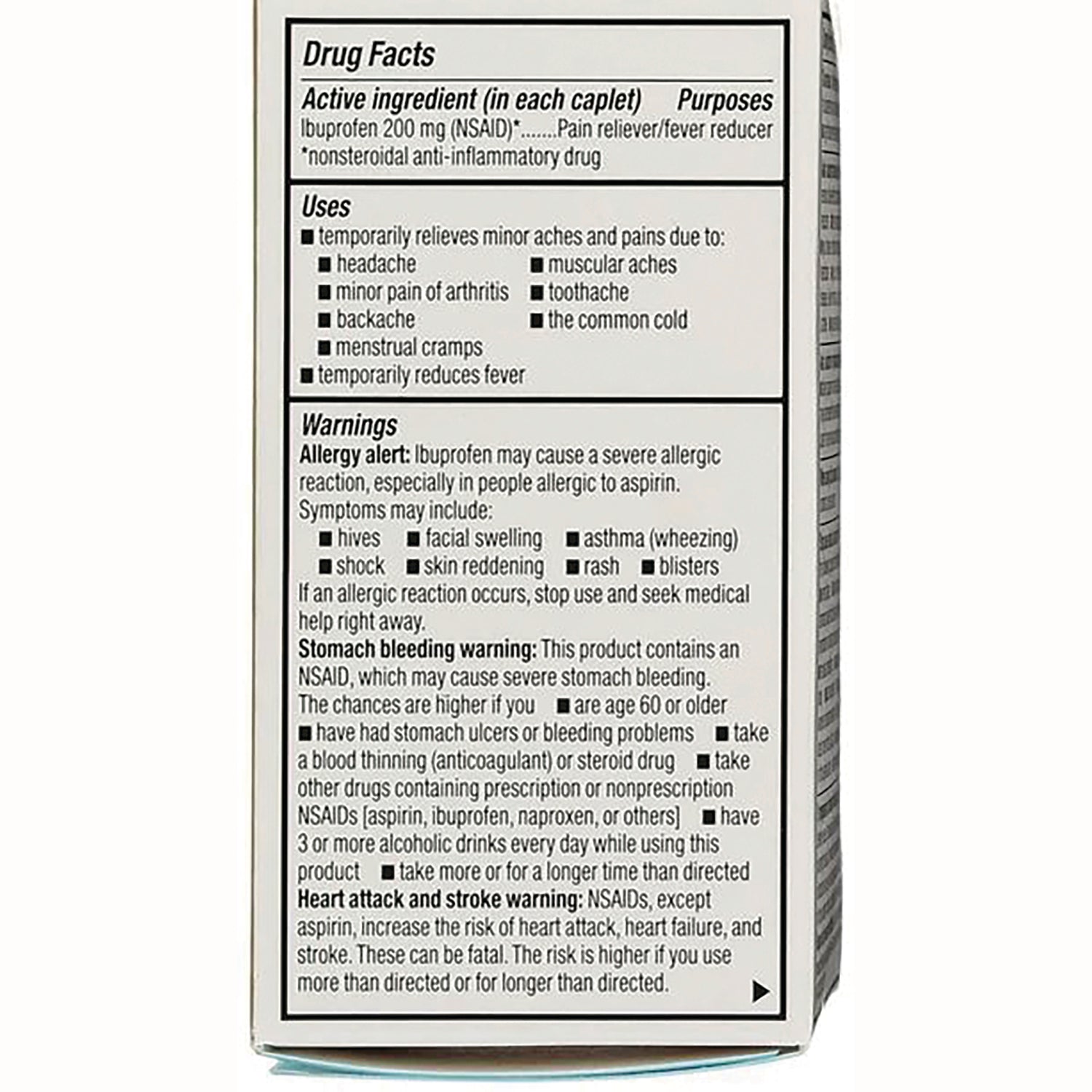 GDS019 | Back panel showing Drug Facts with active ingredient ibuprofen 200 mg and warnings