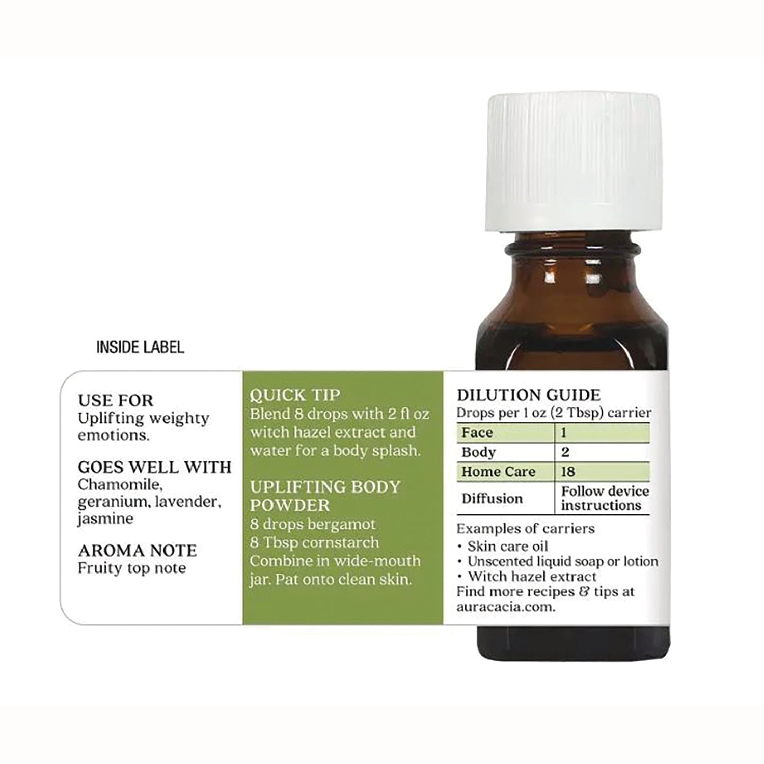 ARC028 | Back label of amber essential oil bottle showing dilution guide, uses, and a quick tip
