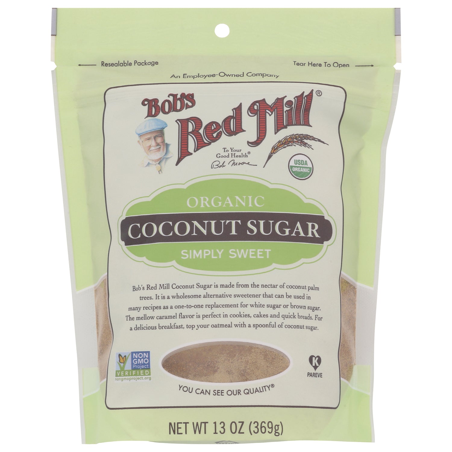 BOB280 | Bob's Red Mill organic coconut sugar pouch front packaging with product window and NET WT 13 OZ (369g)