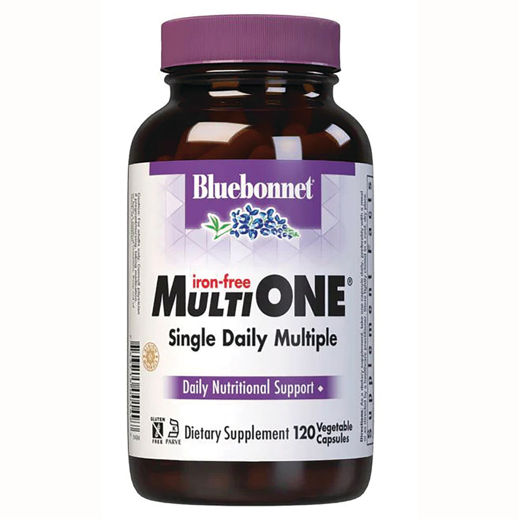 BLU102 | Brown bottle labeled Bluebonnet MultiONE Single Daily Multiple 120 vegetable capsules, iron-free - Thumbnail