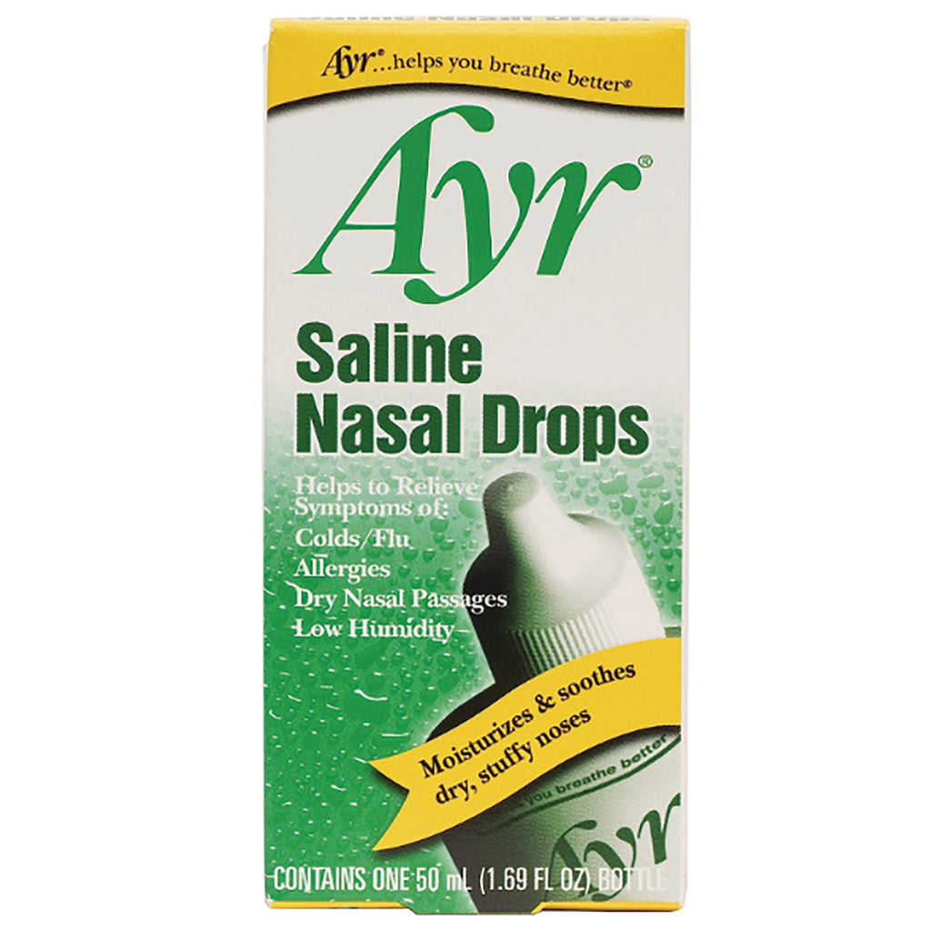 BFA003 | Ayr Saline Nasal Drops front box showing product name and dropper graphic - Thumbnail
