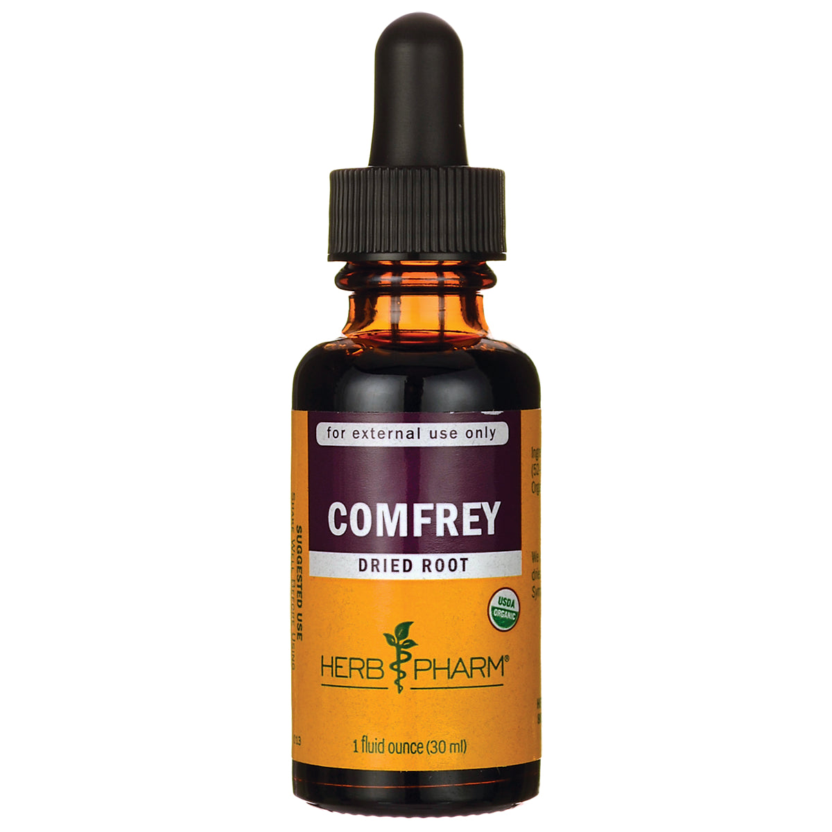 HPH102 | Amber 1 fl oz dropper bottle labeled COMFREY dried root Herb Pharm, USDA organic