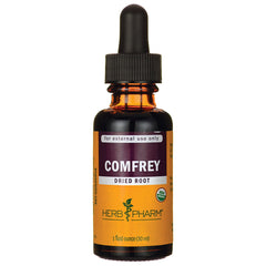 HPH102 | Amber 1 fl oz dropper bottle labeled COMFREY dried root Herb Pharm, USDA organic