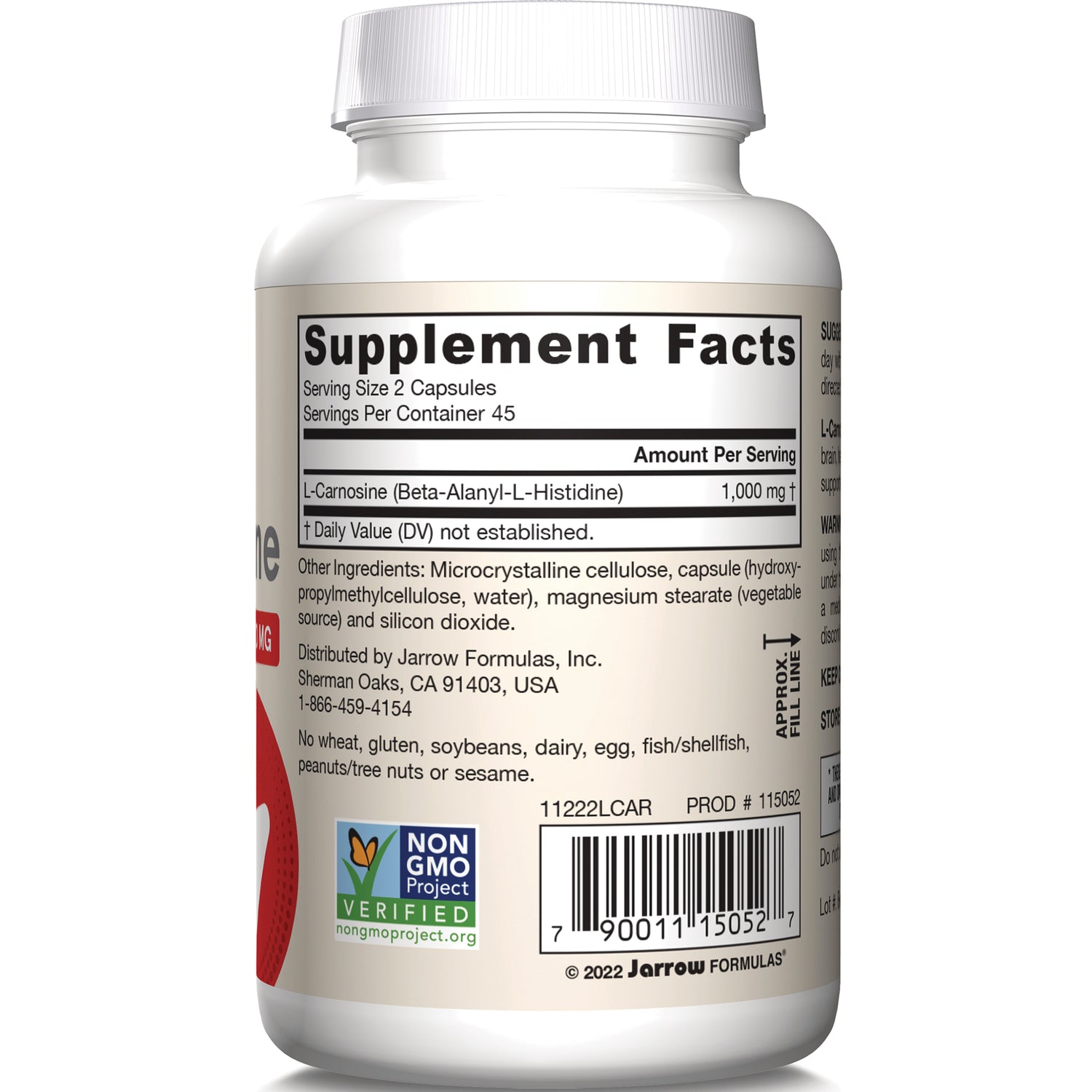 JR088 | Back label showing Supplement Facts panel, ingredient list, non-GMO verified badge and barcode