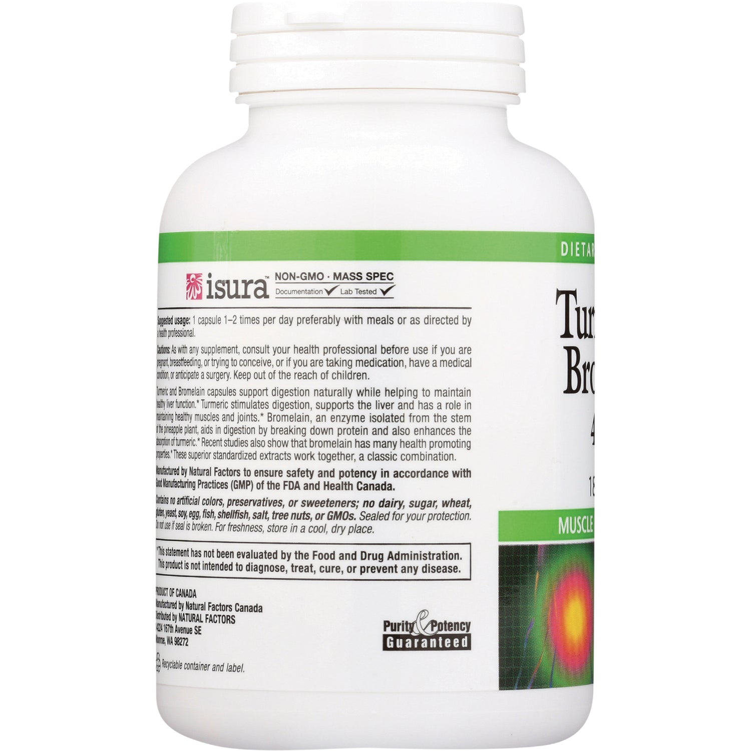 NFC087 | supplement bottle back label with ingredients text and Purity & Potency Guaranteed badge