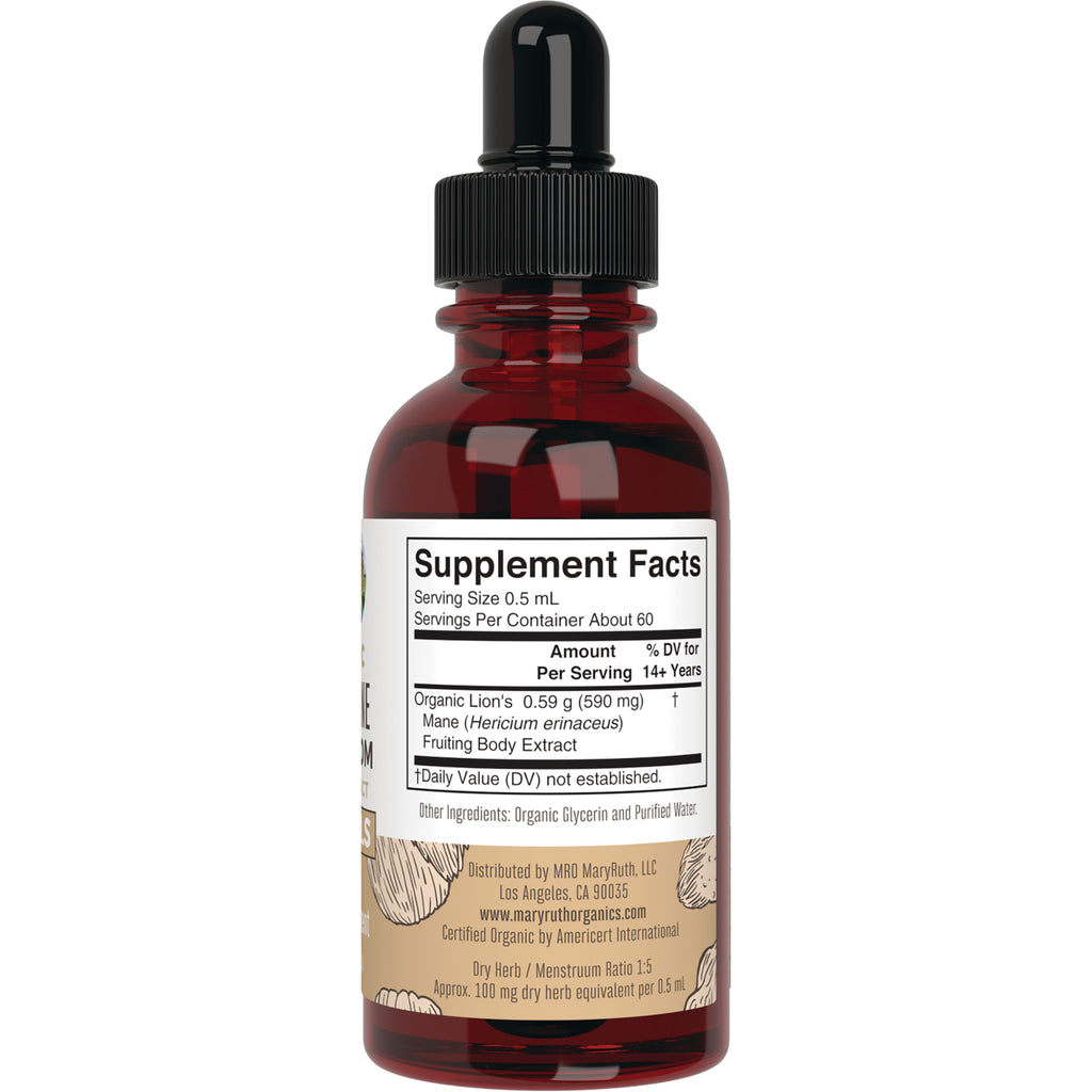 MRR033 | back label of amber dropper bottle showing Supplement Facts and ingredients for lion's mane extract - Thumbnail