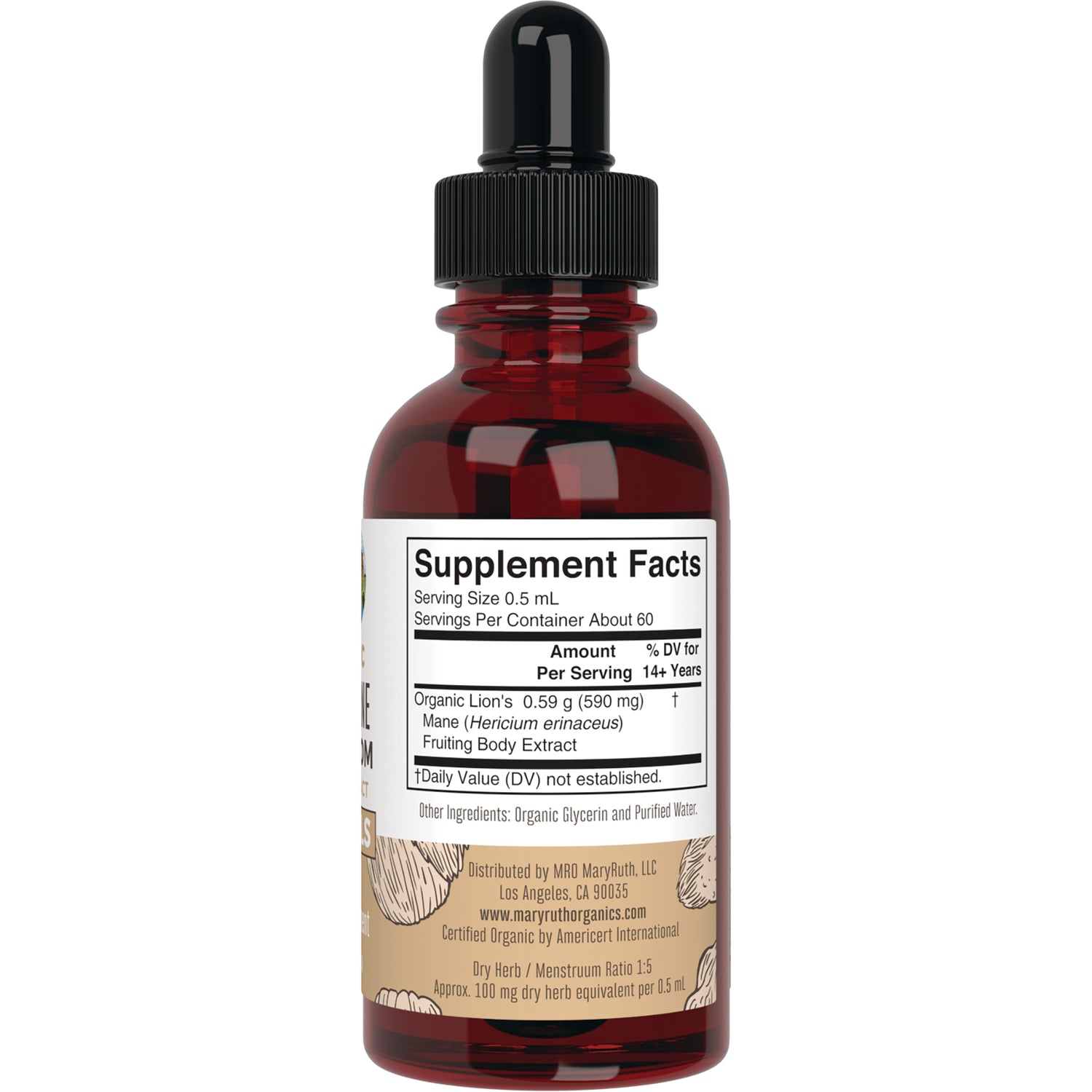 MRR033 | back label of amber dropper bottle showing Supplement Facts and ingredients for lion's mane extract