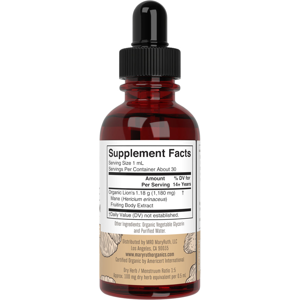 MRR033 | back label of amber dropper bottle showing Supplement Facts and ingredients for lion's mane extract - Thumbnail