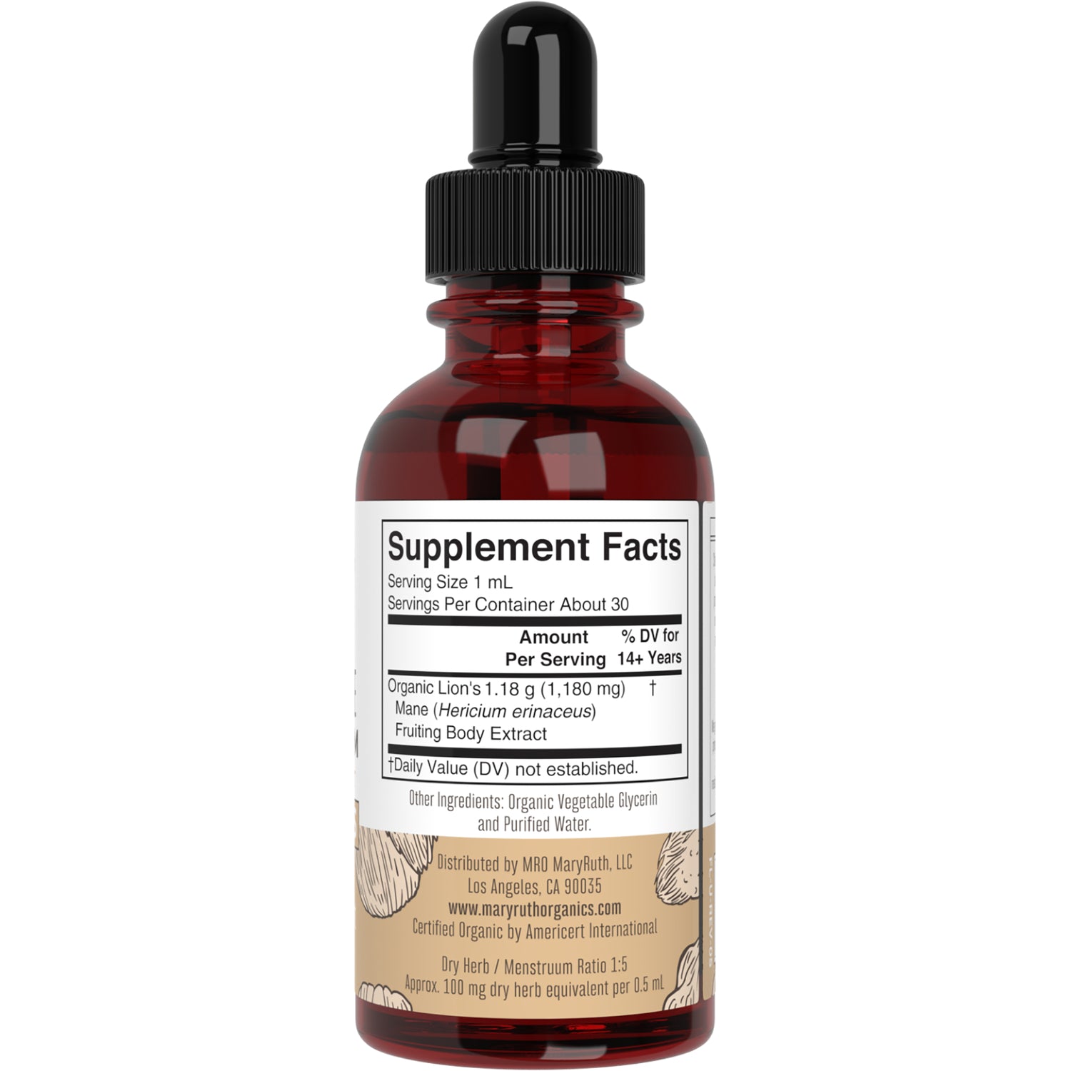 MRR033 | back label of amber dropper bottle showing Supplement Facts and ingredients for lion's mane extract