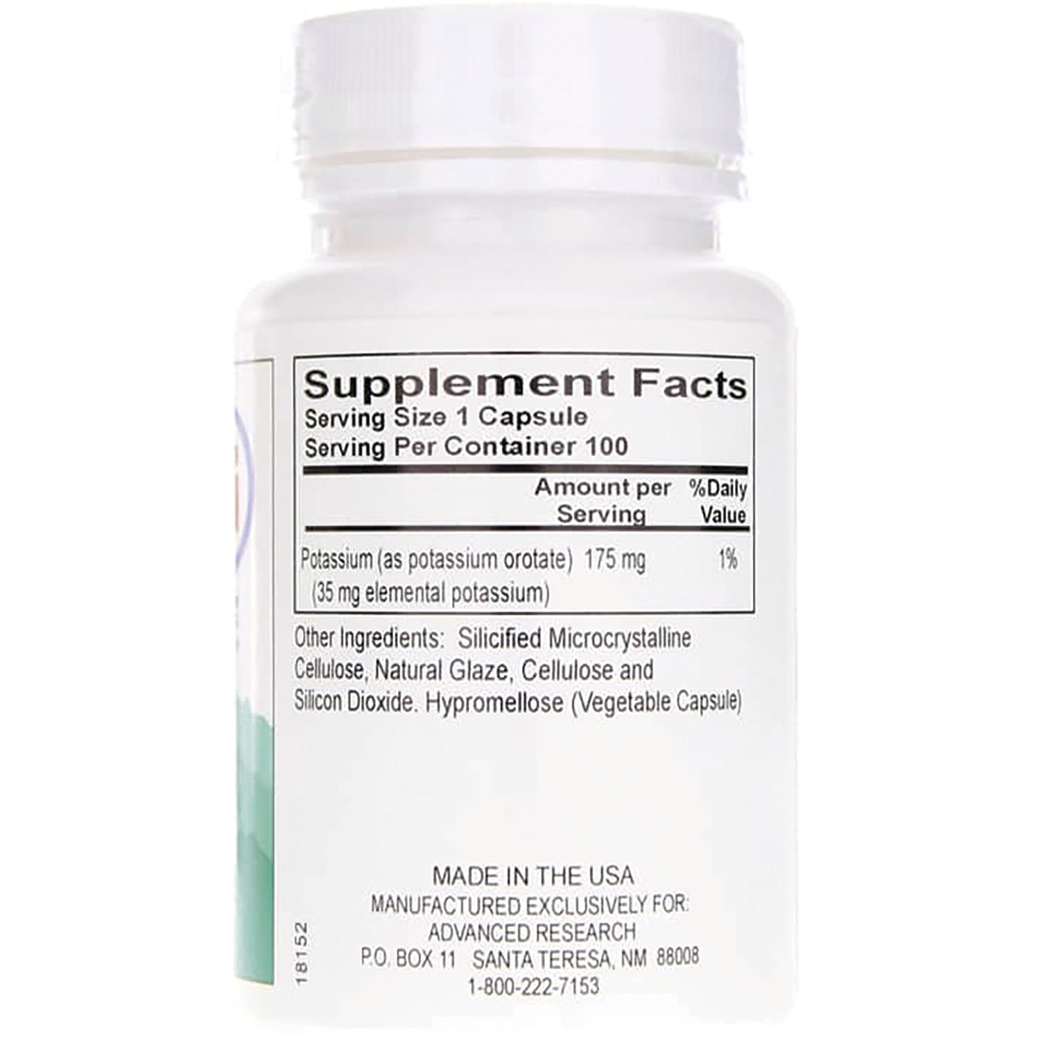 ADR030 | Back label showing Supplement Facts: Serving Size 1 Capsule, Potassium 175 mg