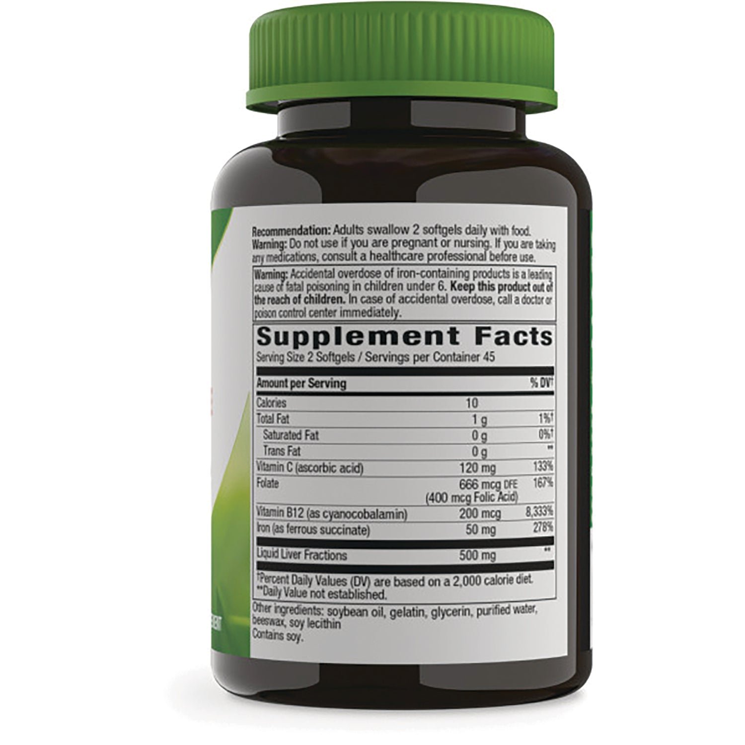 ET387 | Back of brown supplement bottle showing Supplement Facts table, warning text, and ingredient list