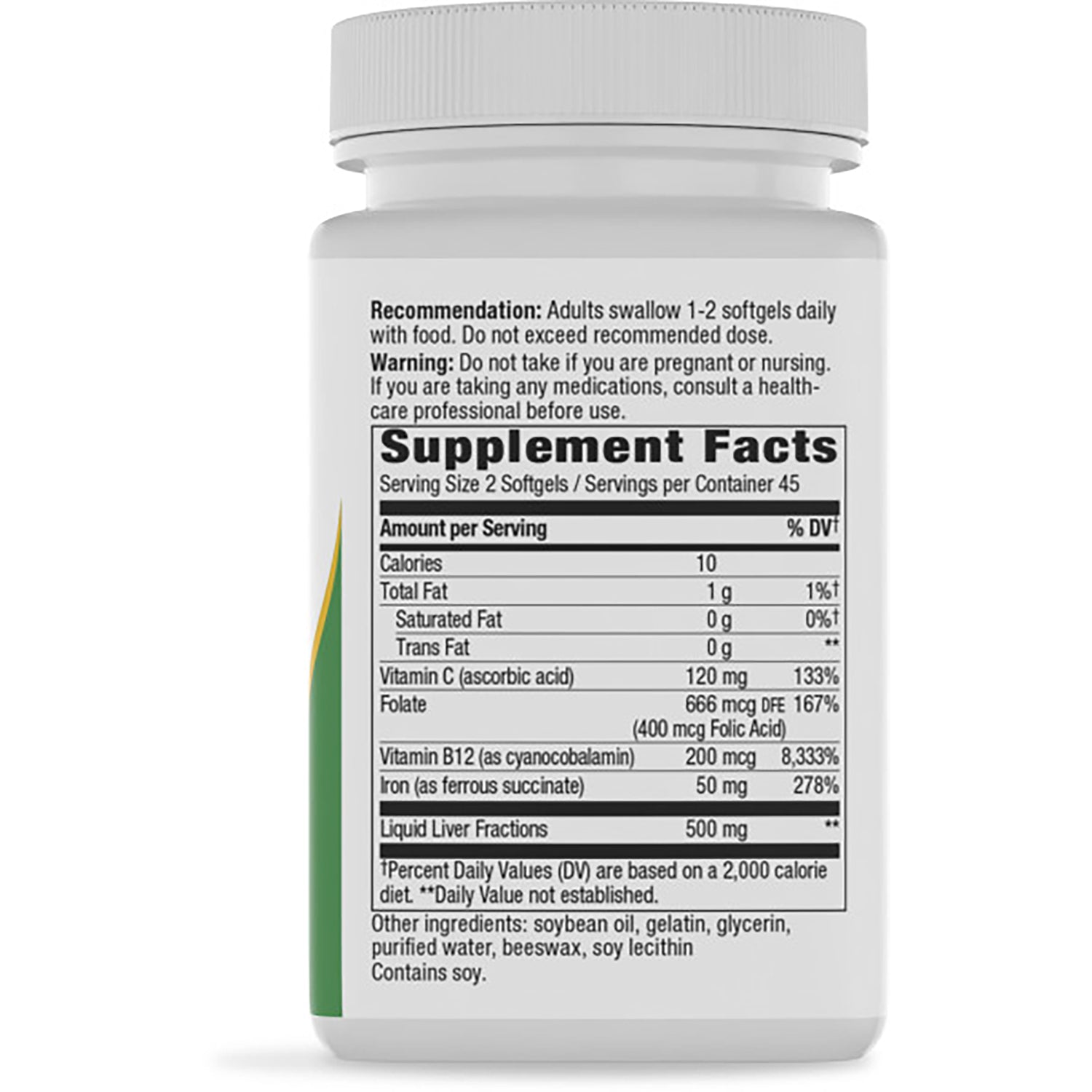 ET387 | Back of brown supplement bottle showing Supplement Facts table, warning text, and ingredient list