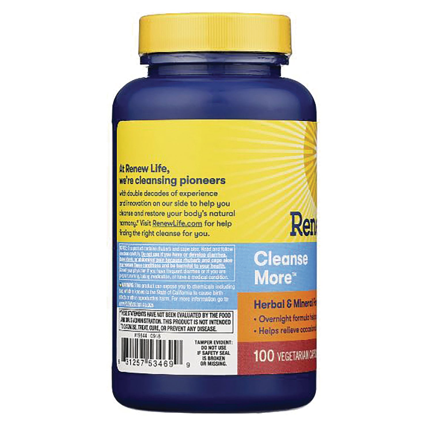 RNL016 | back label infographic of blue supplement bottle showing Cleanse More branding, benefits and barcode