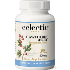 EC015 | Eclectic Herb Hawthorn Berry dietary supplement bottle, 90 veg caps 500 mg, small batch freeze dried