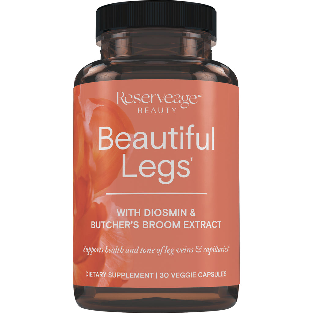 RSA011 | Amber supplement bottle labeled Reserveage BEAUTY Beautiful Legs with Diosmin & Butcher's Broom Extract, 30 veggie capsules - Thumbnail