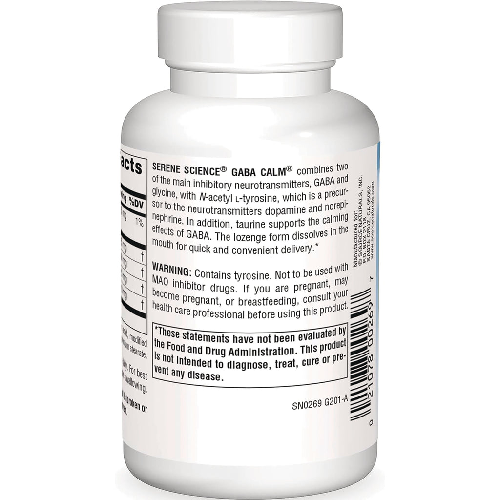 SN483 | Serene Science GABA Calm supplement bottle back label with warning text and barcode - Thumbnail