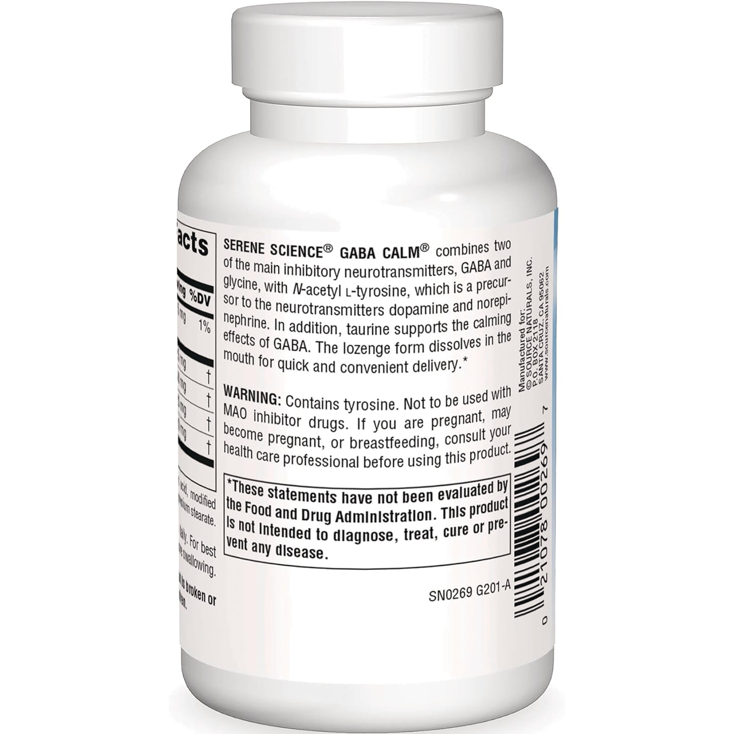 SN483 | Serene Science GABA Calm supplement bottle back label with warning text and barcode