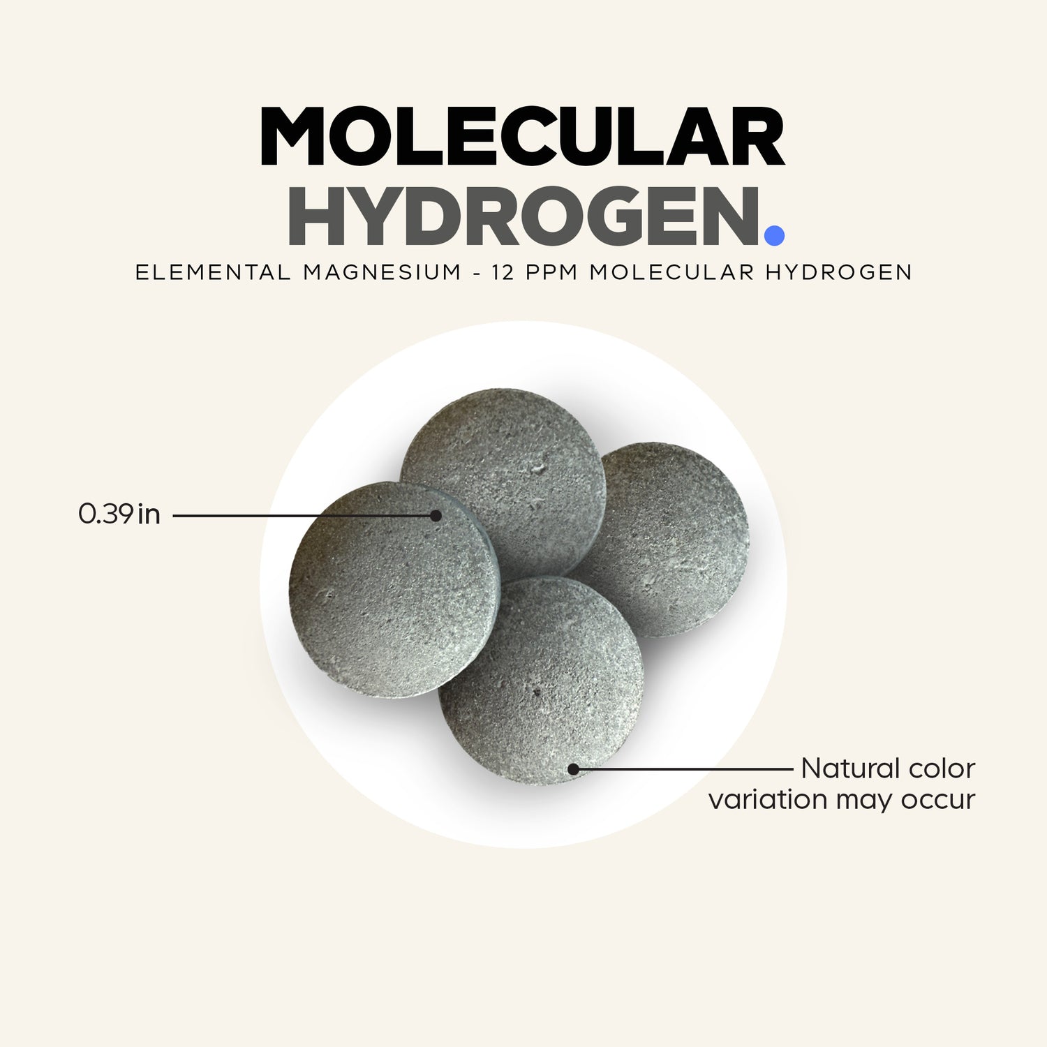 CDG046 | Molecular Hydrogen tablet infographic with 0.39 in size and natural color variation notes