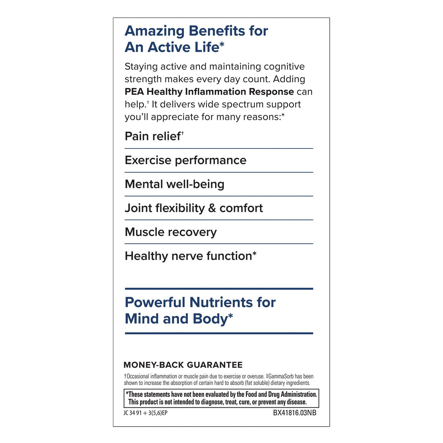 EUR075 | Product infographic highlighting benefits for active life, pain relief, exercise performance, and mental well-being