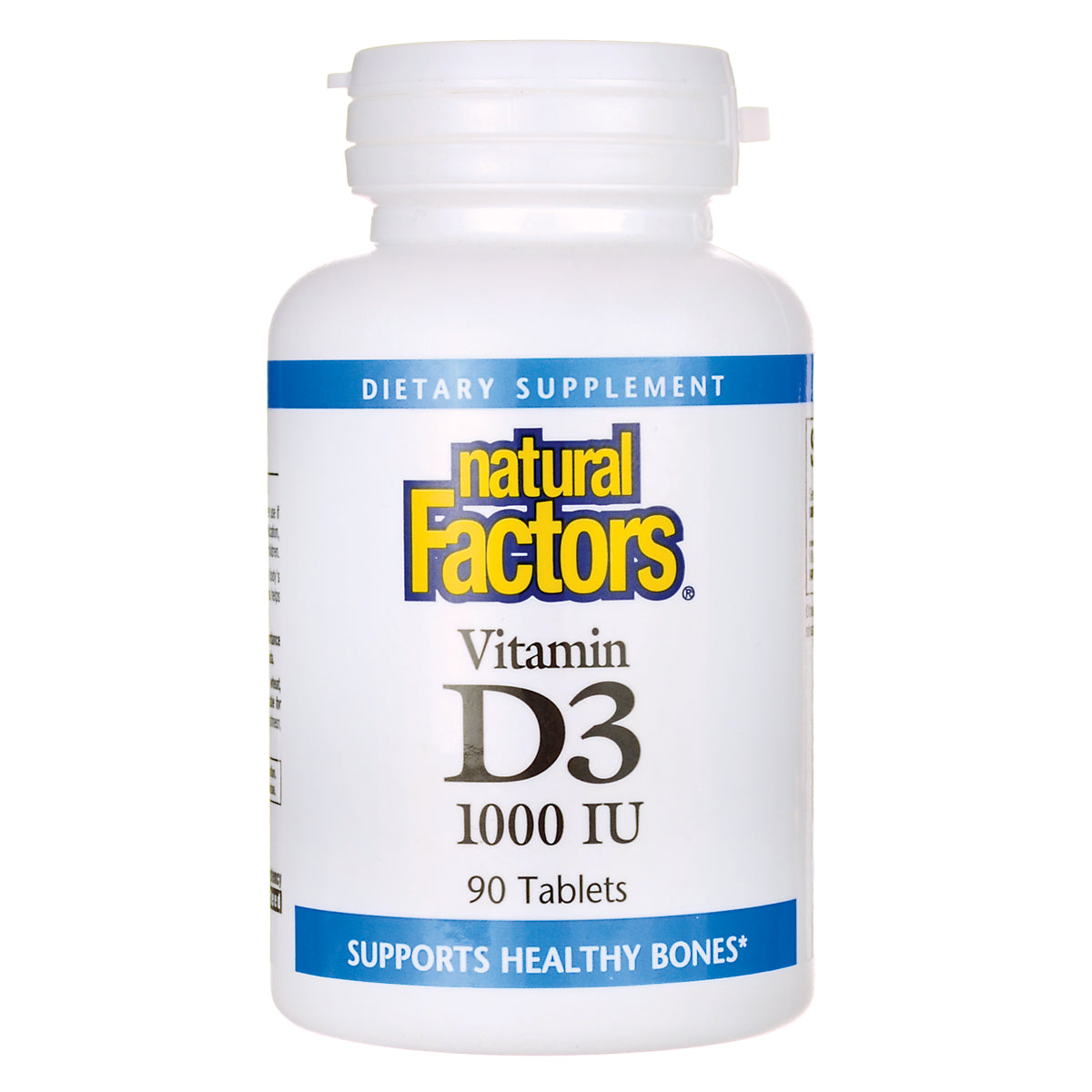 NFC001 | Natural Factors Vitamin D3 1000 IU bottle front label, 90 tablets