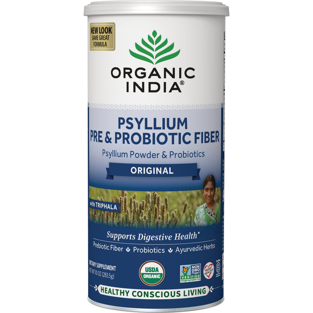 RGN081 | Organic India Psyllium pre & probiotic fiber original powder canister front label with brand logo and supports digestive health - Thumbnail