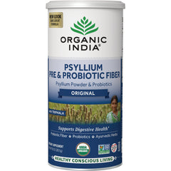 RGN081 | Organic India Psyllium pre & probiotic fiber original powder canister front label with brand logo and supports digestive health