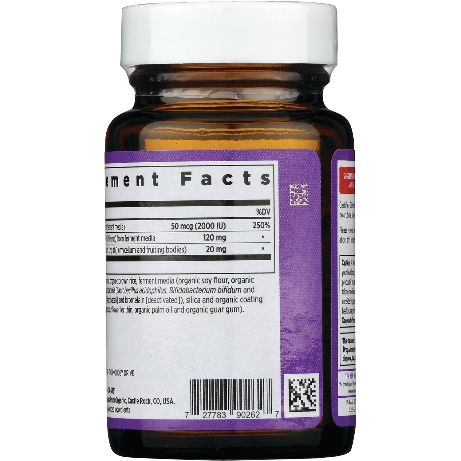 NWC341 | back of amber bottle showing Supplement Facts panel, ingredient text and barcode on purple label
