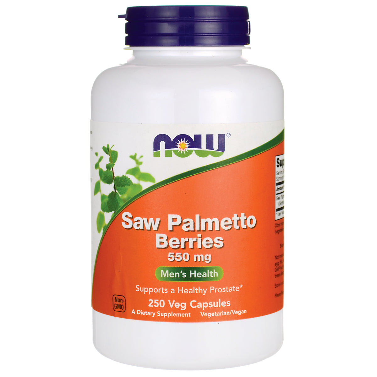 NWF702 | NOW Saw Palmetto Berries 550 mg white bottle with orange label, 250 veg capsules
